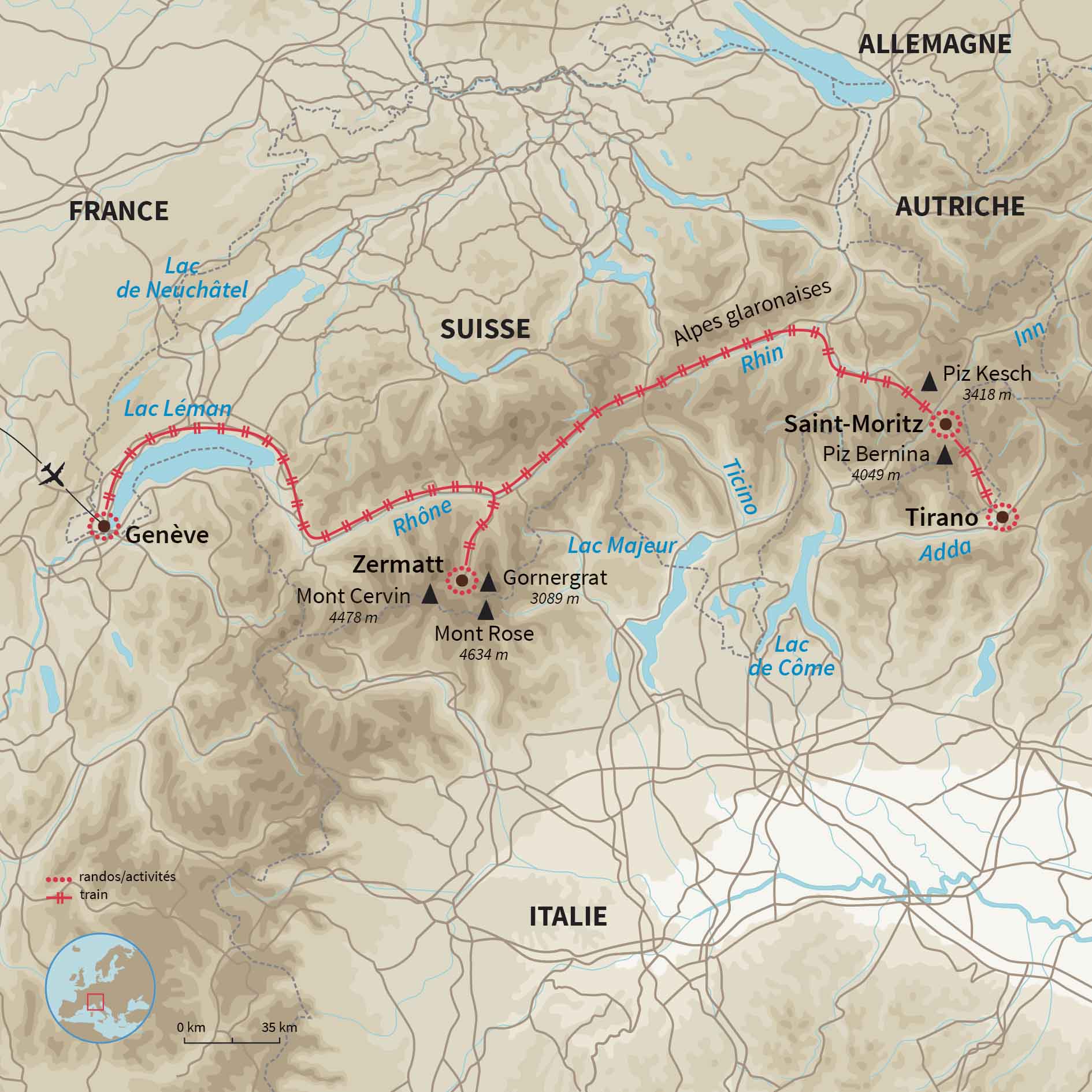 Carte Suisse : La Suisse en train panoramique