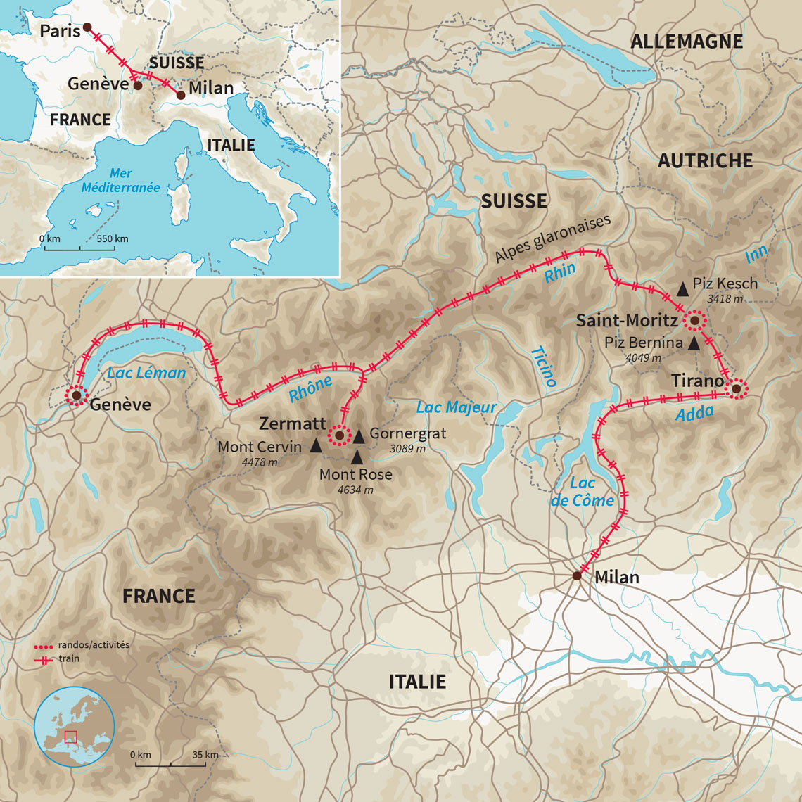 Carte Suisse : La Suisse en train panoramique (A/R en train)