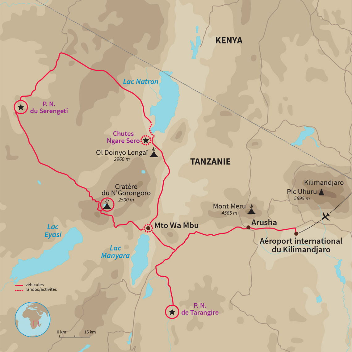 Safari en 4x4 dans les parc du Serengeti, du Tarangire et du cratère du N'Gorongoro, balades au Lac Natron et à Mto Wa Mbu