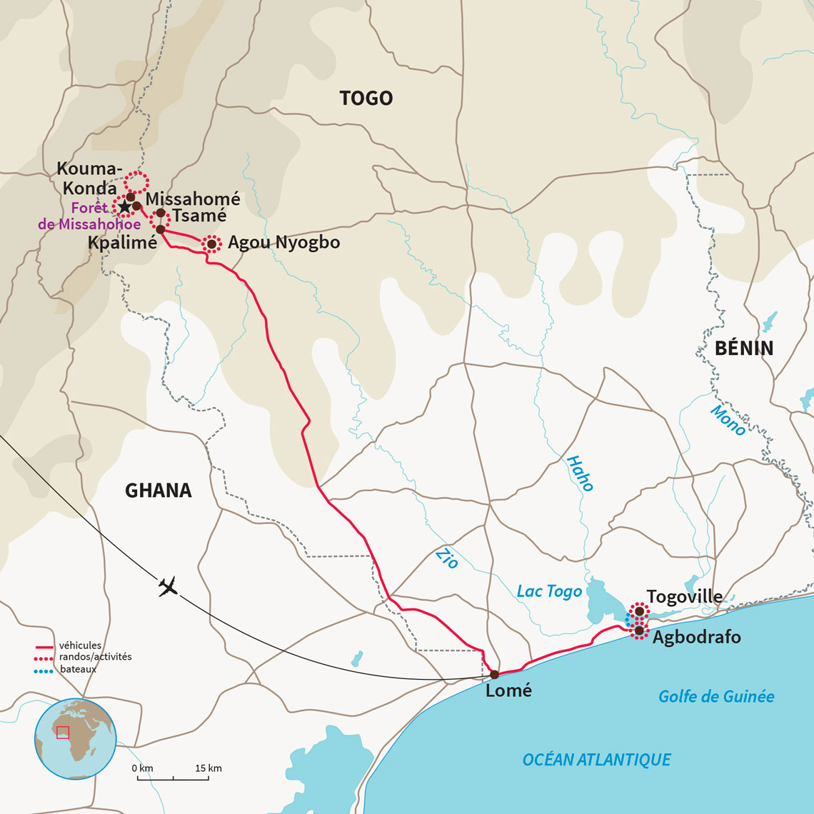 Carte Togo : Forêts tropicales, villages et cascades