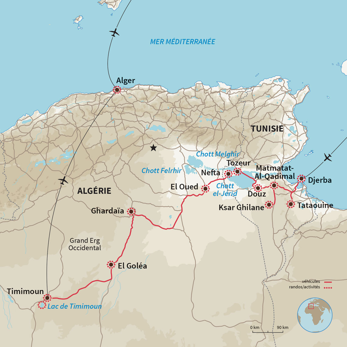 Carte Tunisie : De l'île de Djerba aux dunes de Timimoun