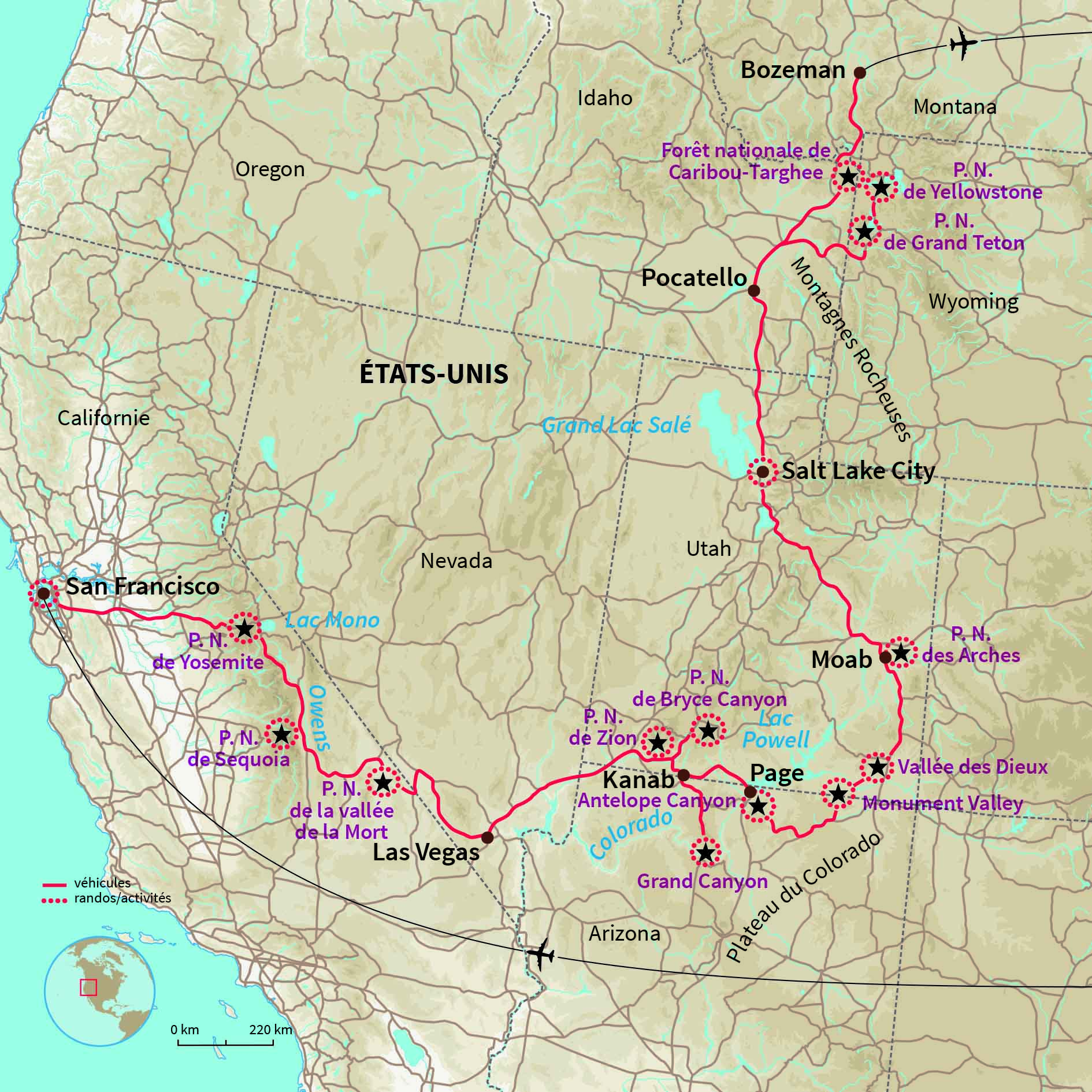 NOUS road trip à la carte - voyage sur la Route carte des états-unis  (Amérique du Nord - Amérique)