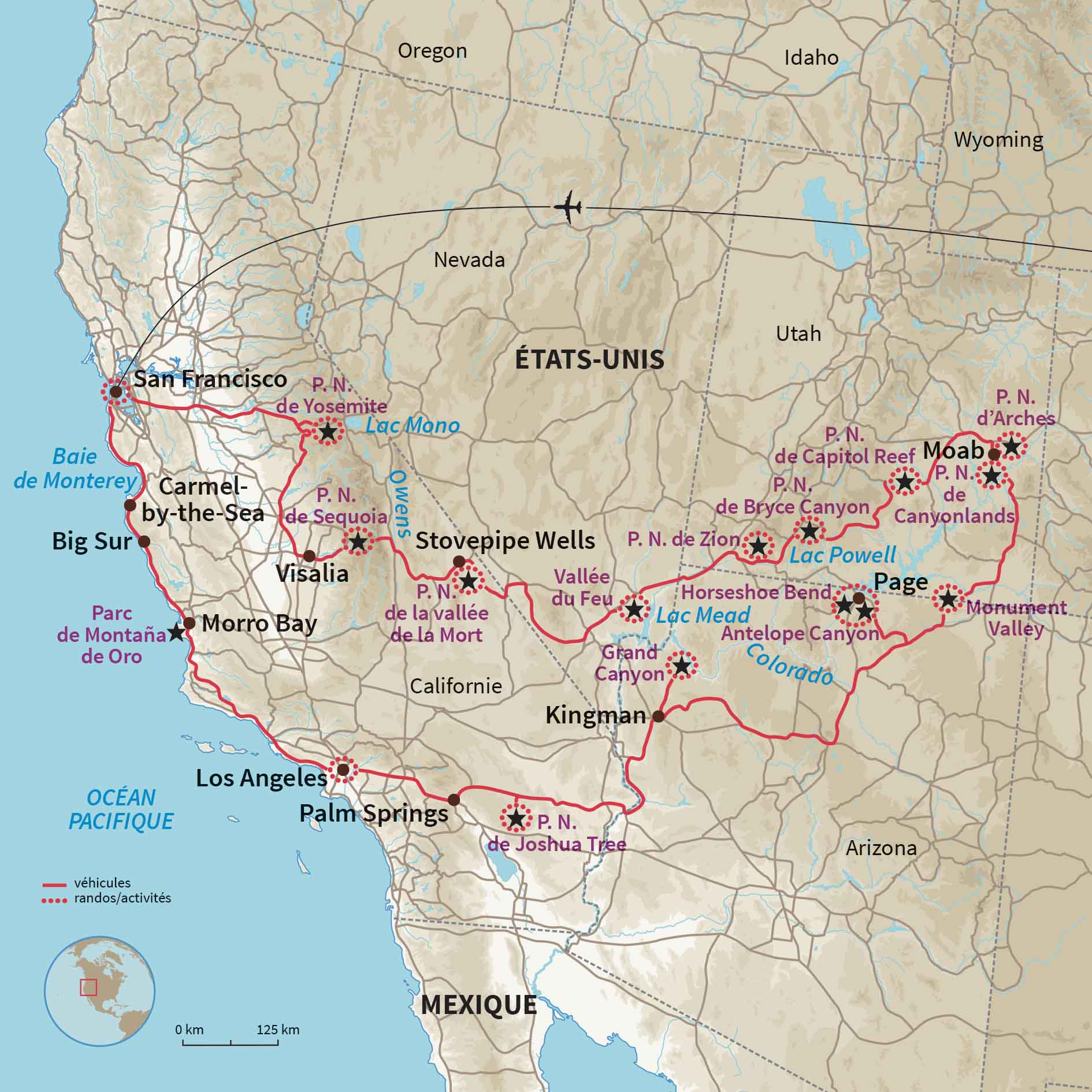 Carte ÉTATS-UNIS : Road trip dans l'Ouest américain