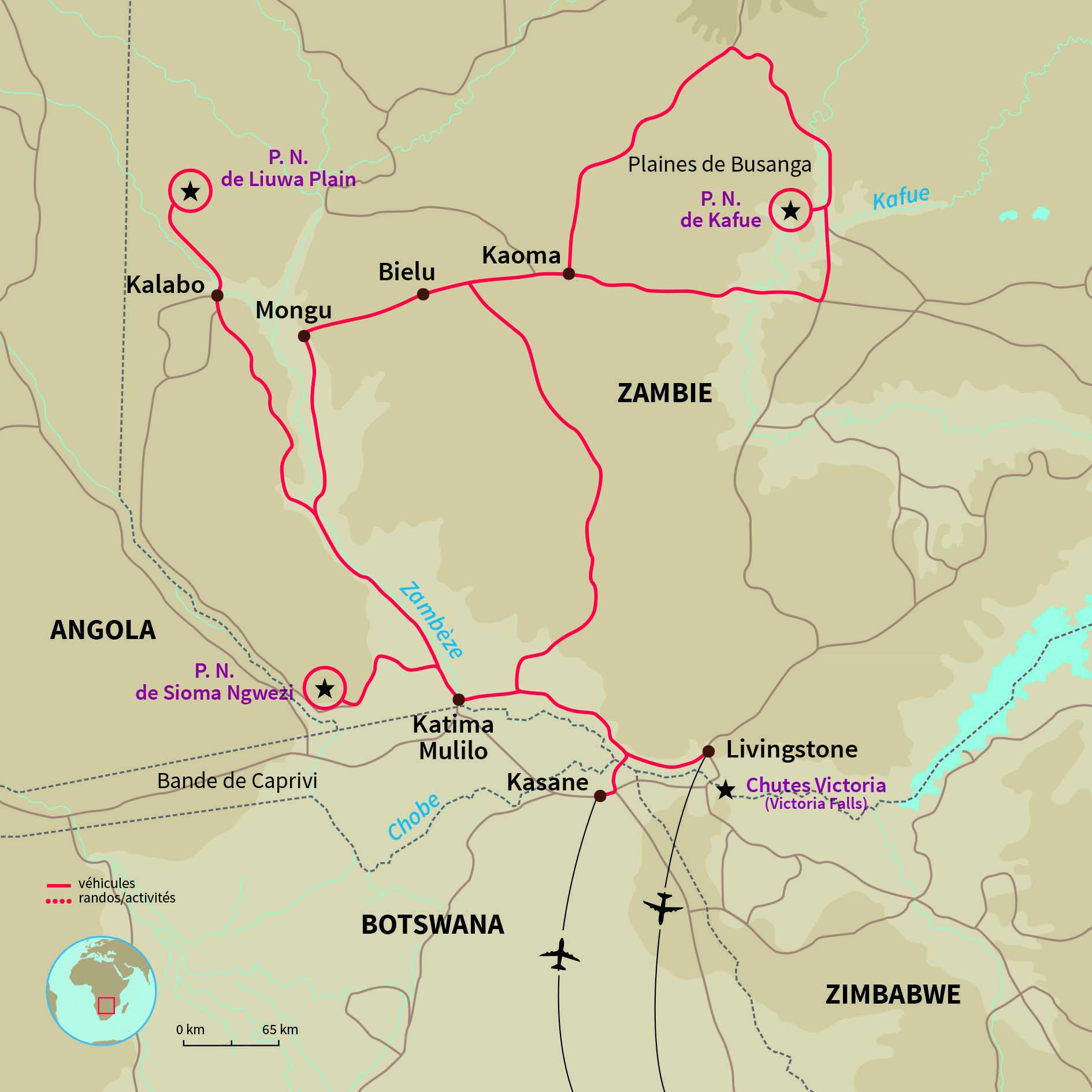 Carte Zambie : Autotour au fil du Zambèze