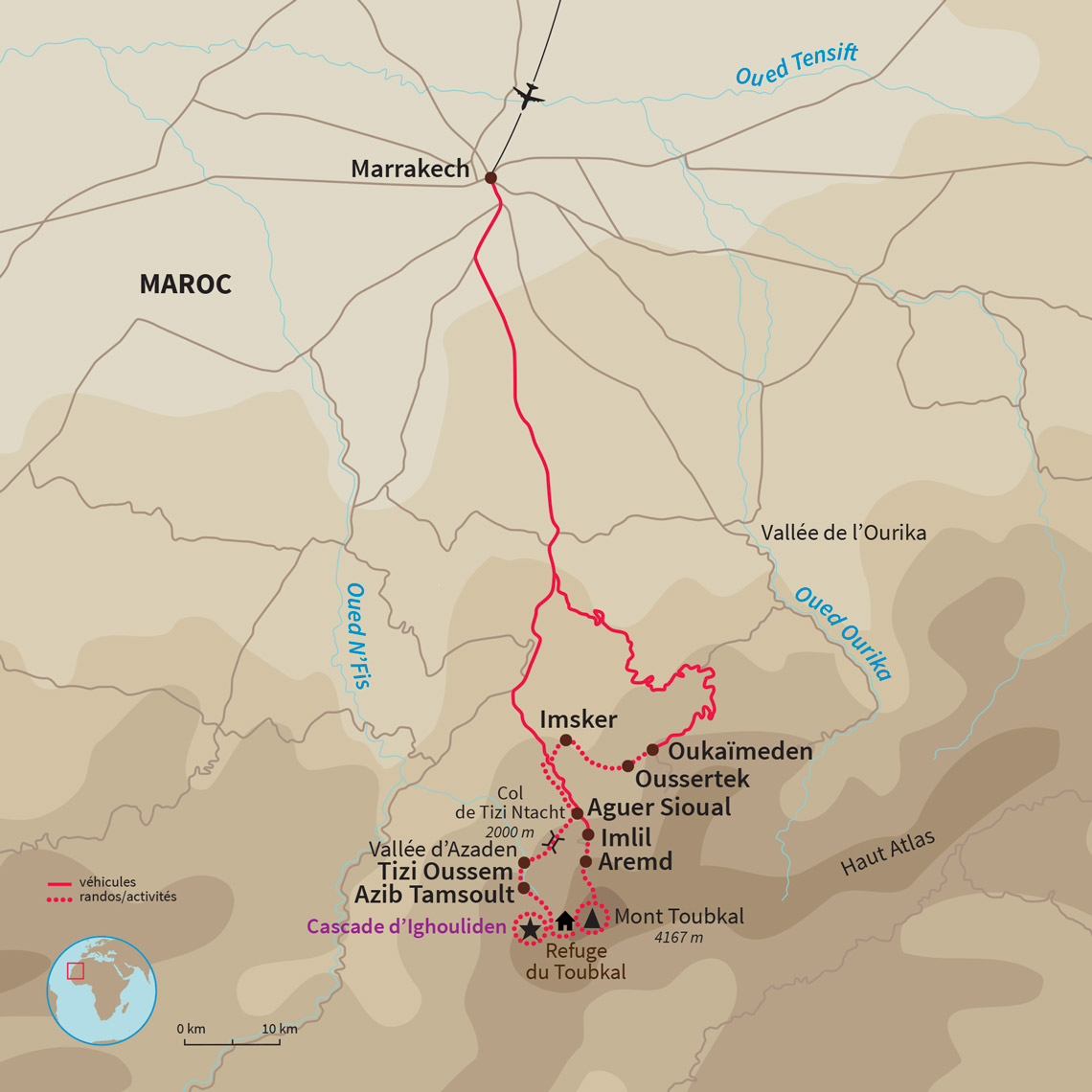 Carte Maroc : Ascension du Toubkal “4167” du nord au sud