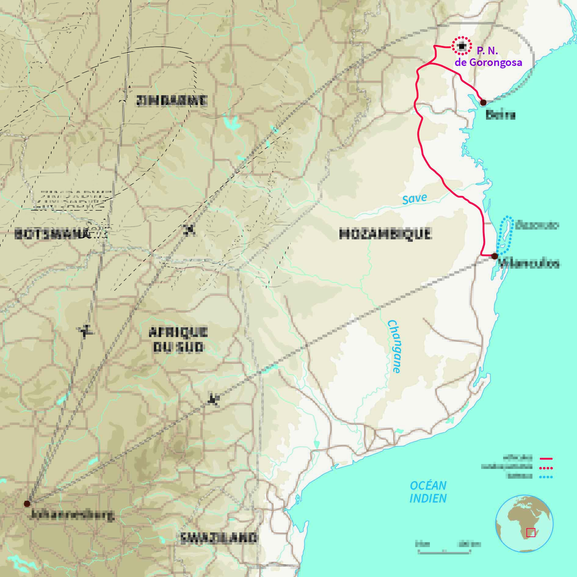 Carte Mozambique : Du parc de Gorongosa à Vilanculos  Carte Mozambique : Du parc de Gorongosa à Vilanculos
