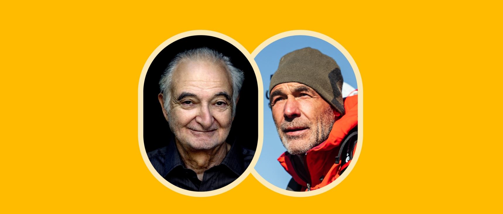 Portraits de Jacques Attali et Mike Horn qui ont signé la préface du site Destination 2075 © LHS/Nomade Aventure 
