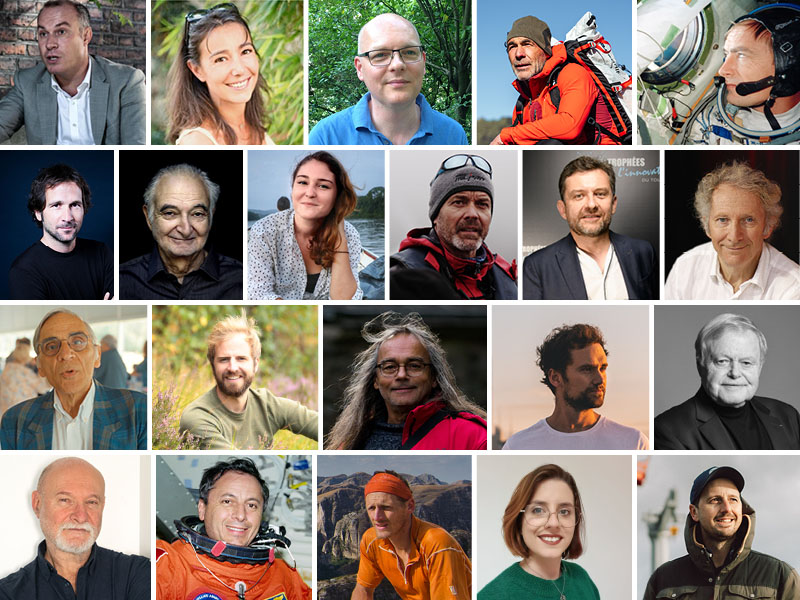 De gauche à droite, du haut vers le bas : François Gemenne © DR, Valérie Valton © DR, Laurent Genefort © DR, Mike Horn © Lucas David, Jean-Pierre Haigneré © Jean-Pierre Haigneré, Julien Blanc-Gras © Corentin Fohlen, Jacques Attali © Marian Adreani, Marine Calmet © DR, Kris de Bardia © DR, Fabrice Del Taglia © DR, Gérard Feldzer © DR, Rémy Knafou © DR, Thibaut Labey © Jérémy Villet, Jean-Marc Ligny © Éric Streetz, Bruno Maltor © DR, Michel Messager © DR, Hubert Prolongeau © DR, Michel Tognini © Nasa, Evrard Wendenbaum © Evrard Wendenbaum, Justine Frédéric © DR, Jérémy Morizet © A. Picot-Le Cotentin