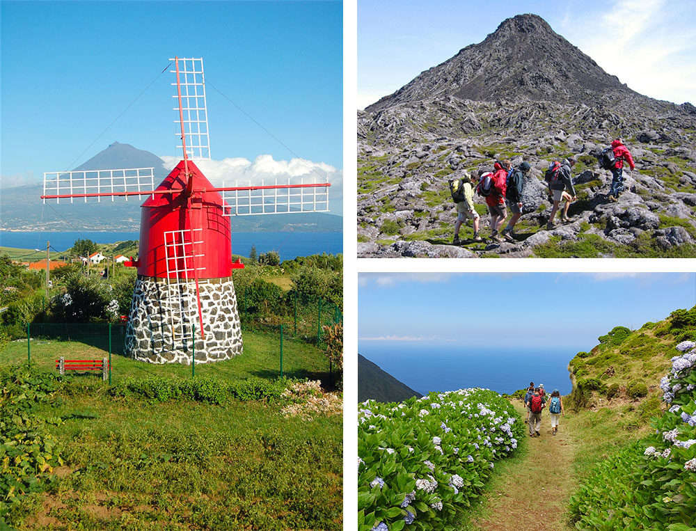 1) Moulin à vent aux Açores 2) Ascension du volcan Pico sur l’île de Pico aux Açores 3) Randonnée vers le Lagoa da Fajã de Santo Cristo sur l’île de São Jorge aux Açores