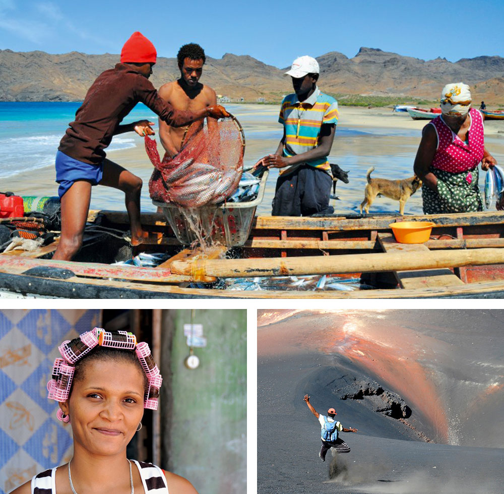 1) Retour de la pêche sur l'île de São Vicente au Cap-Vert 2) Portrait de femme à Santo Antão au Cap-Vert 3) Descente dans le cratère du Pico do Fogo sur l’île de Fogo au Cap-Vert