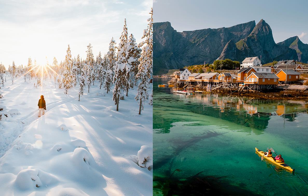 1) Ylläs en Laponie - Finlande © Johannes Becker / VisitFinland 2) Kayak près des côtes de Reine - Lofoten - Norvège © Jiri / stock.adobe.com