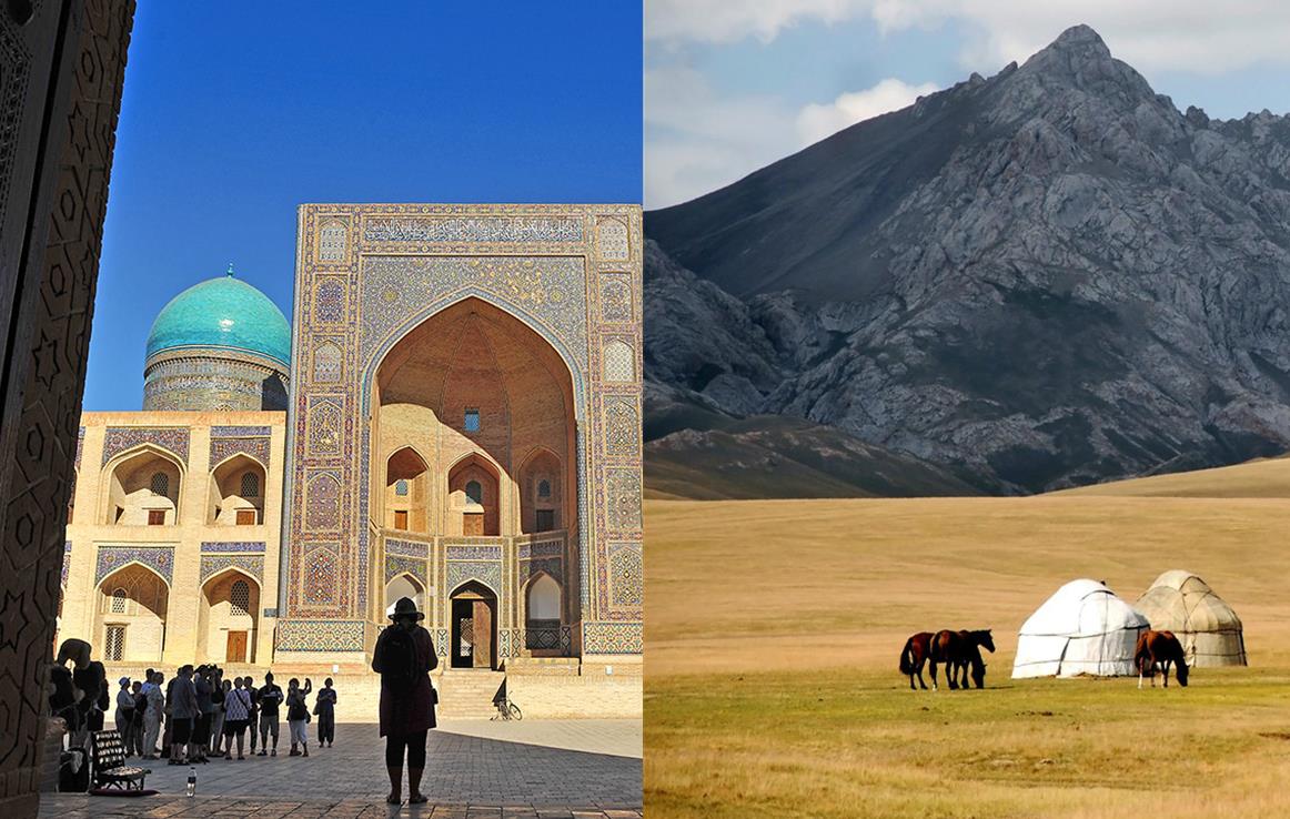 Médersa Mir-i Arab - Boukhara - Ouzbékistan © Julia/fotolia.com - Steppes du Kirghizistan © Pavel Svoboda/fotolia.com