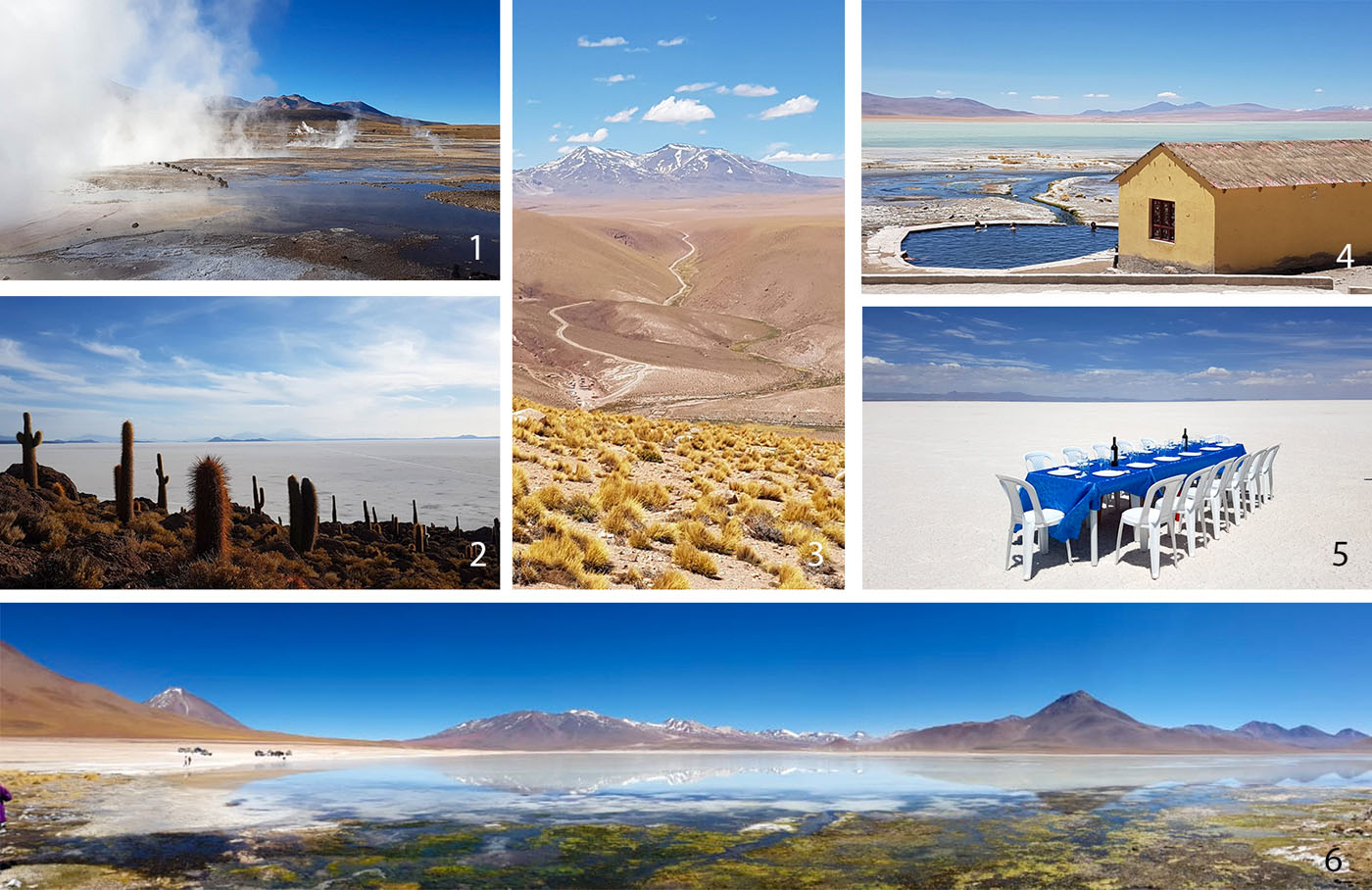 1 : Geysers du Tatio, Chili - 2 : L'île aux cactus d'Incahuasi dans le Salar d'Uyuni, Bolivie - 3 : Paysage du Sud Lipez - 4 : Baignade dans les eaux thermales du Sud Lipez - 5 : Pique-nique sur le Salar d'Uyuni, Bolivie - 6 : Laguna Hedionda, Sud Lipez, Bolivie