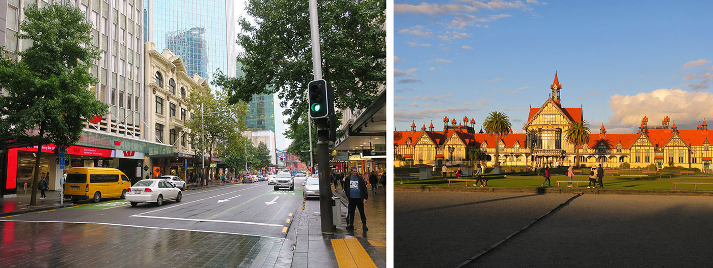 A gauche : Balade dans les rues de la ville de Auckland - A droite : Balade dans les jardins du musée de Roturua