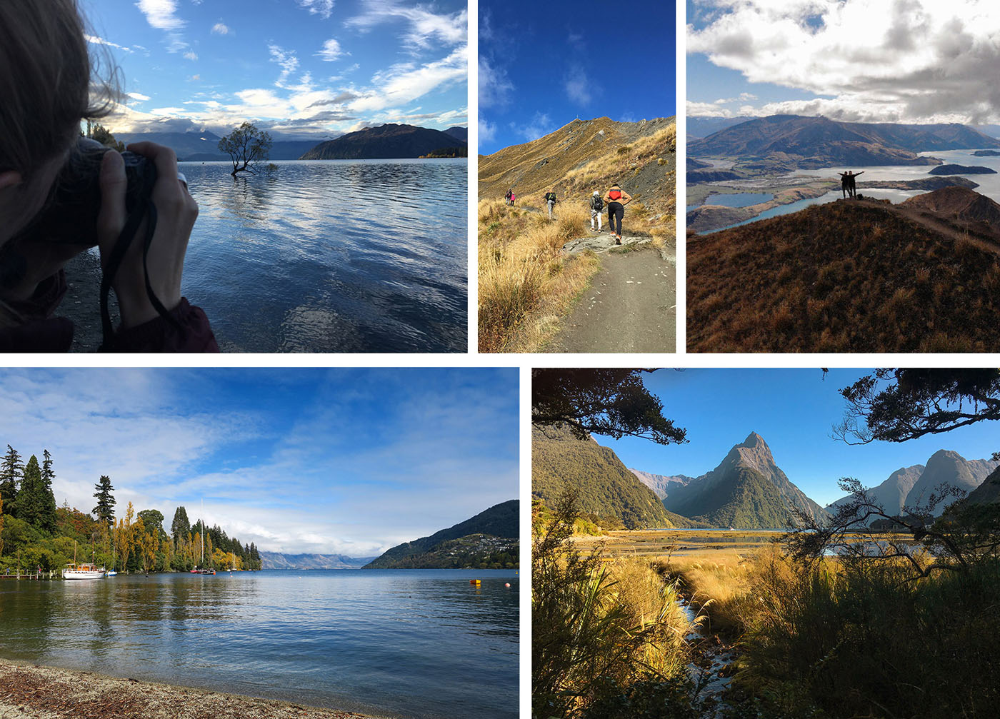 En haut : Randonnée vers le lac Wanaka - En bas : Queenstown, Milford Sound