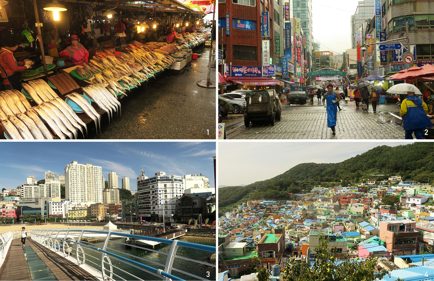 1 : Marché aux poissons de Busan - 2 et 3 : Ruelles et port de Busan - 4 : Village culturel de Gamcheon