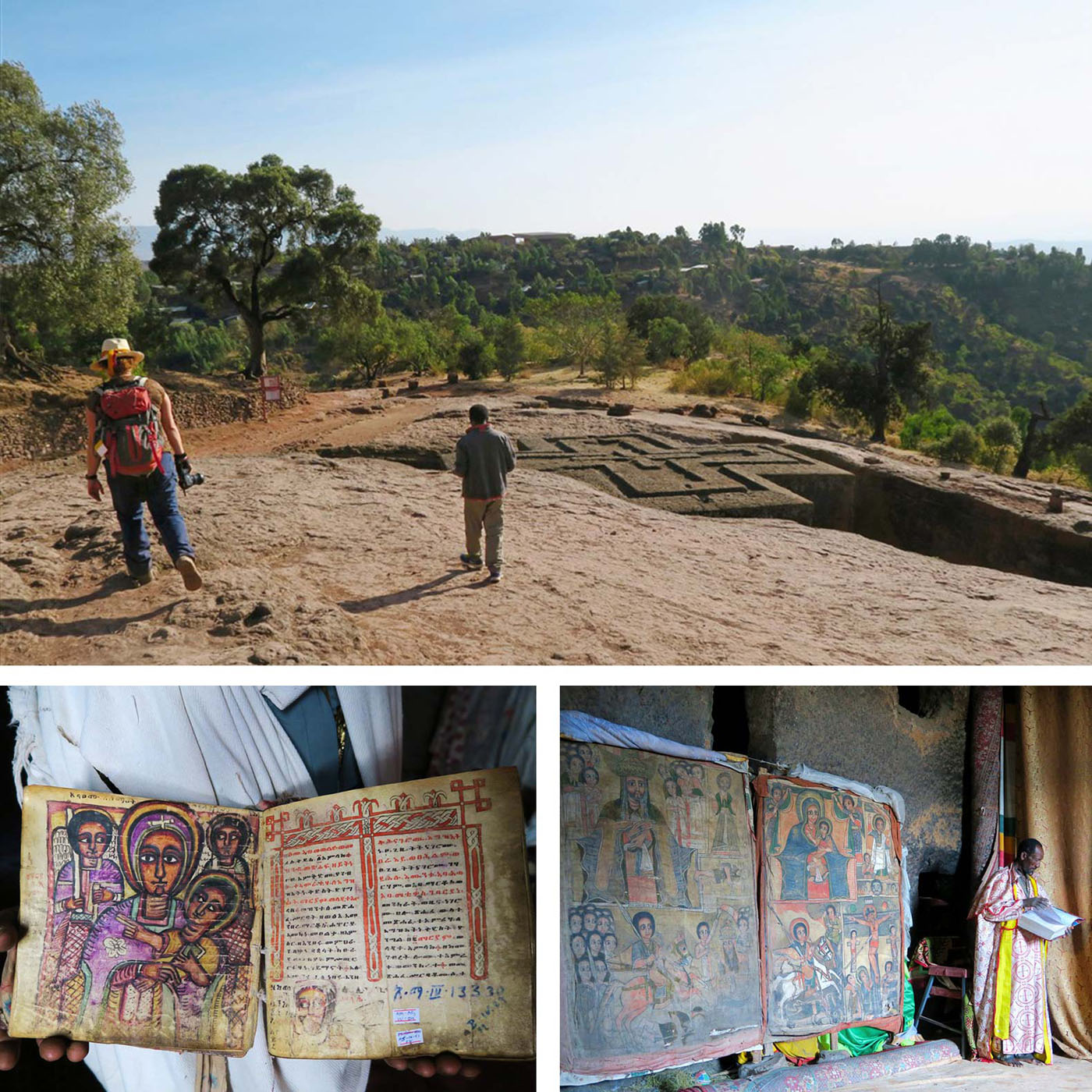 En haut : Bete Giyorgis, l'une des onze églises rupestres de LalibelaEn bas : Prêtre dans une église de la région de Lalibela