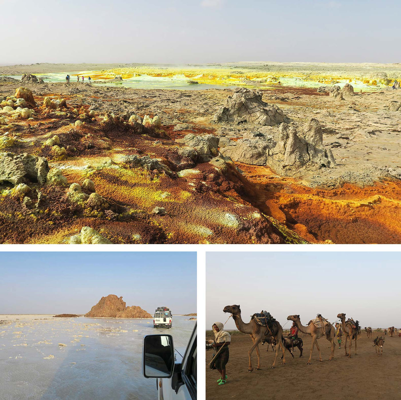 En haut : Site géologique de Dallol dans le désert du DanakilEn bas, de gauche à droite : En 4x4 sur le lac Assalé et caravanes de sel dans le désert du Danakil 