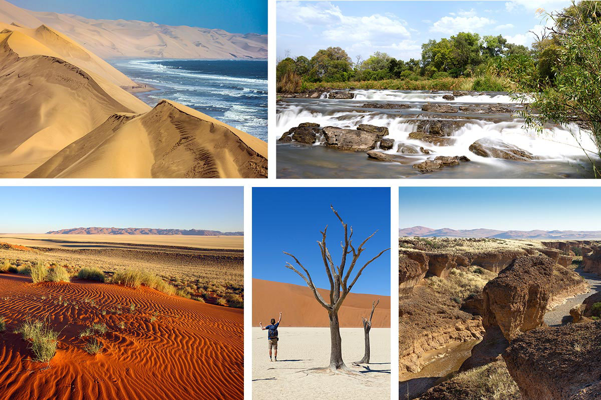 1 - Sandwich Harbour2 - Les chutes d'Epupa3 - Parc national du Namib-Naukluft 4 - Dead Vlei à Sossusvlei5 - Canyon de Sesriem