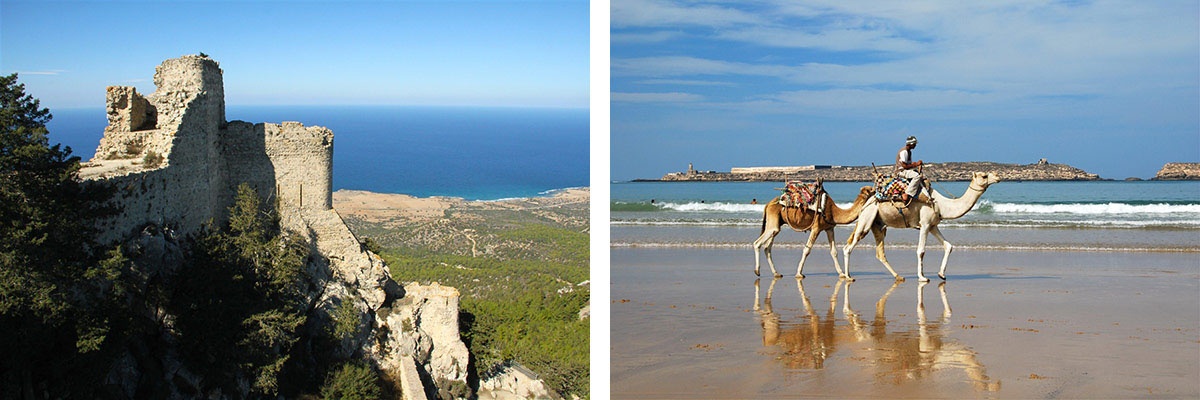 1- La citadelle médiévale de Kantara à Chypre2- Dromadaires sur la plage d'Essaouira au Maroc