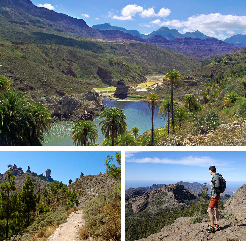 1) La vallée aux mille palmiers et son lac près de Fataga à Grande Canarie  2) Randonnée vers le Roque Nublo à Grande Canarie3) Randonneur en haut du Roque Nublo à Grande Canarie