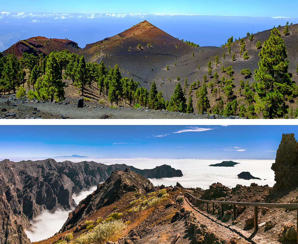 1) Chemin vers le volcan Teneguía à La Palma2) Vue de l’observatoire du Roque de los Muchachos à La Palma