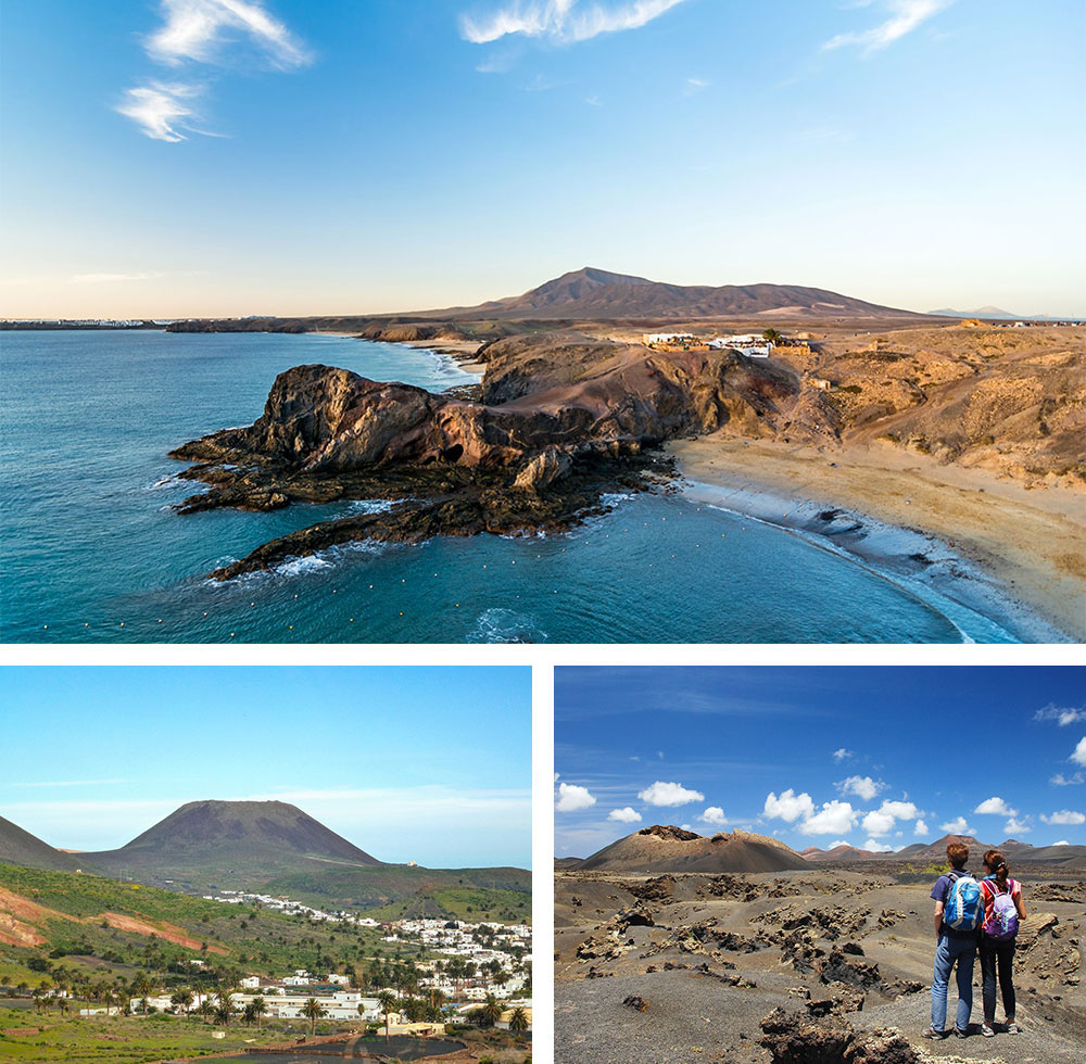 1) Plage de Papagayo à Lanzarote2) Village d’Haría et la vallée des mille palmiers à Lanzarote 3) Randonneurs aux abords du parc national de Timanfaya à Lanzarote 