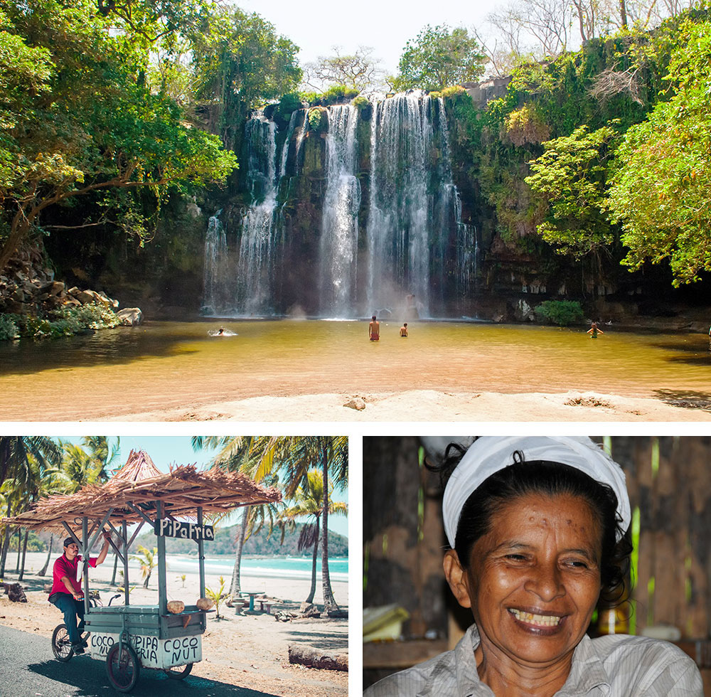 1) Cascade Llanos de Cortés au Guanacaste au Costa Rica2) Marchand de noix de coco à la playa Carillo au Guanacaste au Costa Rica3) Femme Bribri de Yorkin au Costa Rica