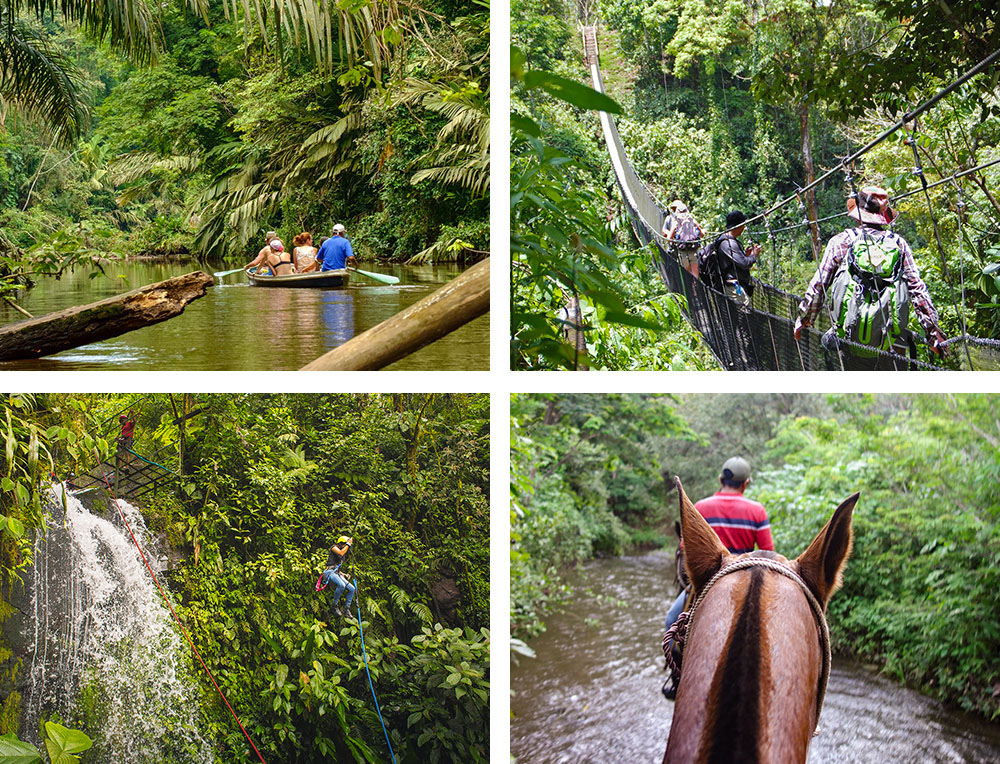 1)  Balade en canoë sur les canaux de Tortuguero au Costa Rica2) Pont suspendu près du village de Los Campesinos au Costa Rica3) Tyrolienne dans un parc naturel au Costa Rica4) Balade à cheval au Costa Rica