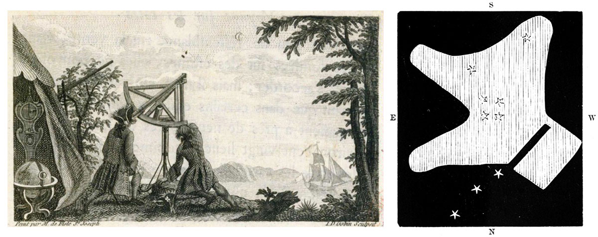 1/ Gravure d'une observation astronomique :  Relation du voyage fait par ordre du roi en 1750 et 1751 sur les côtes de l'Amérique, détail de la page de titre sur l'Amiral Chabert,  département des Cartes et Plans, CPL GE FF-8628, p. 12/ Nébuleuse d'Orion telle que représentée par Guillaume Le Gentil en 1758 publié dans Popular Science Monthly, Volume 5, en 1874. 