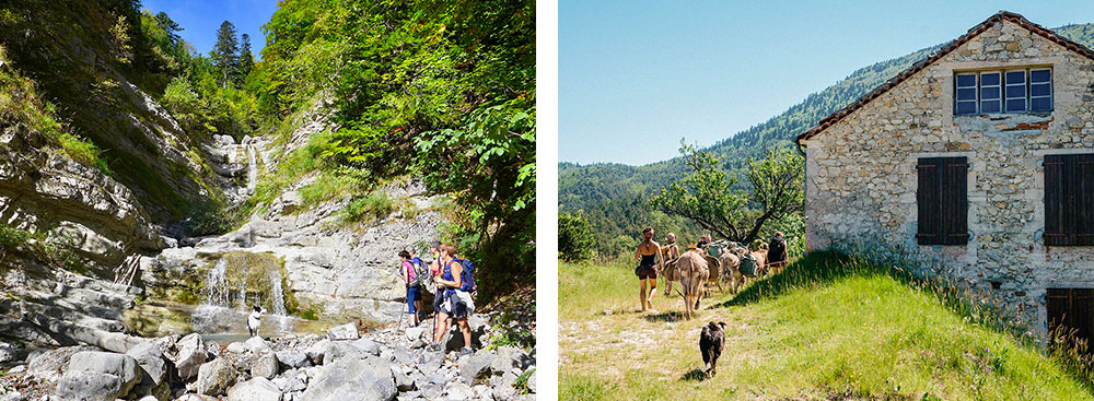 1/ Randonnée près d’une cascade dans la Drôme2/ Randonnée avec des ânes dans la Drôme