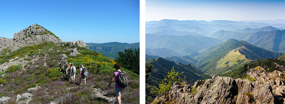 1/ Randonnée au mont Caroux dans les Cévennes2/ Vue sur la vallée de l'Hérault depuis le mont Aigoual dans les Cévennes