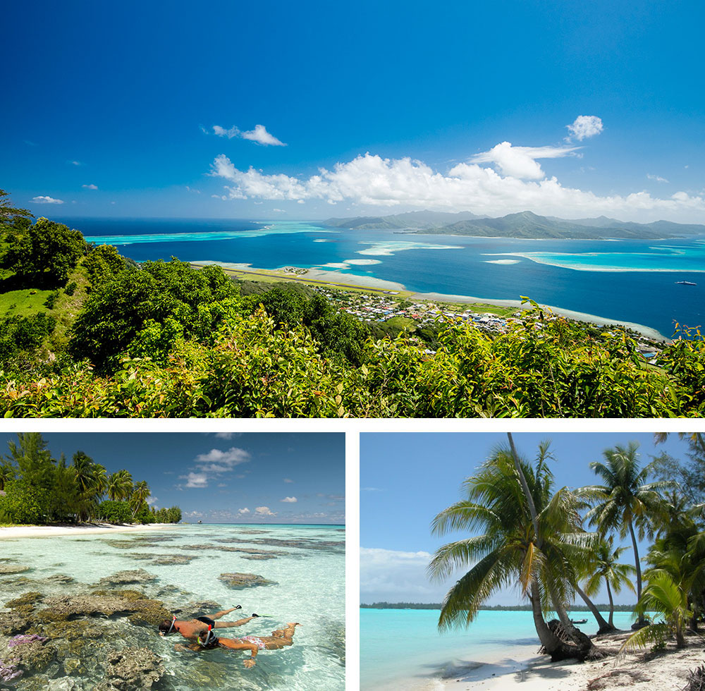 1/ Île de Raiatea - Polynésie française2/ Snorkeling dans l'atoll de Fakarava - Archipel des Tuamotu - Polynésie française 3/ Tahiti - Archipel de la Societé - Polynésie française