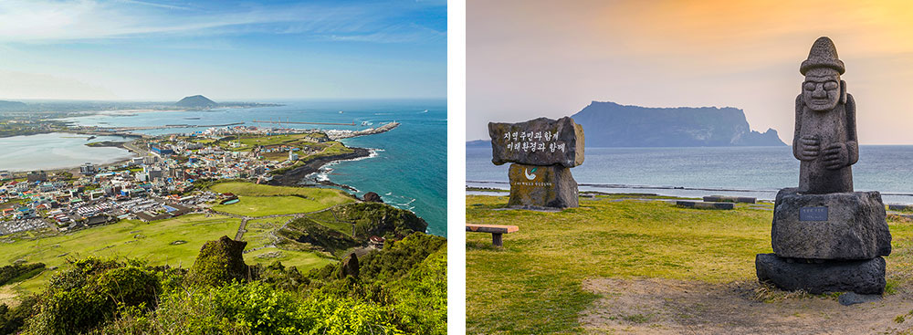 1/ Vue sur la ville de Seongsan-ri sur l’île de Jeju2/ Statues Dol Hareubang sur l’île de Jeju