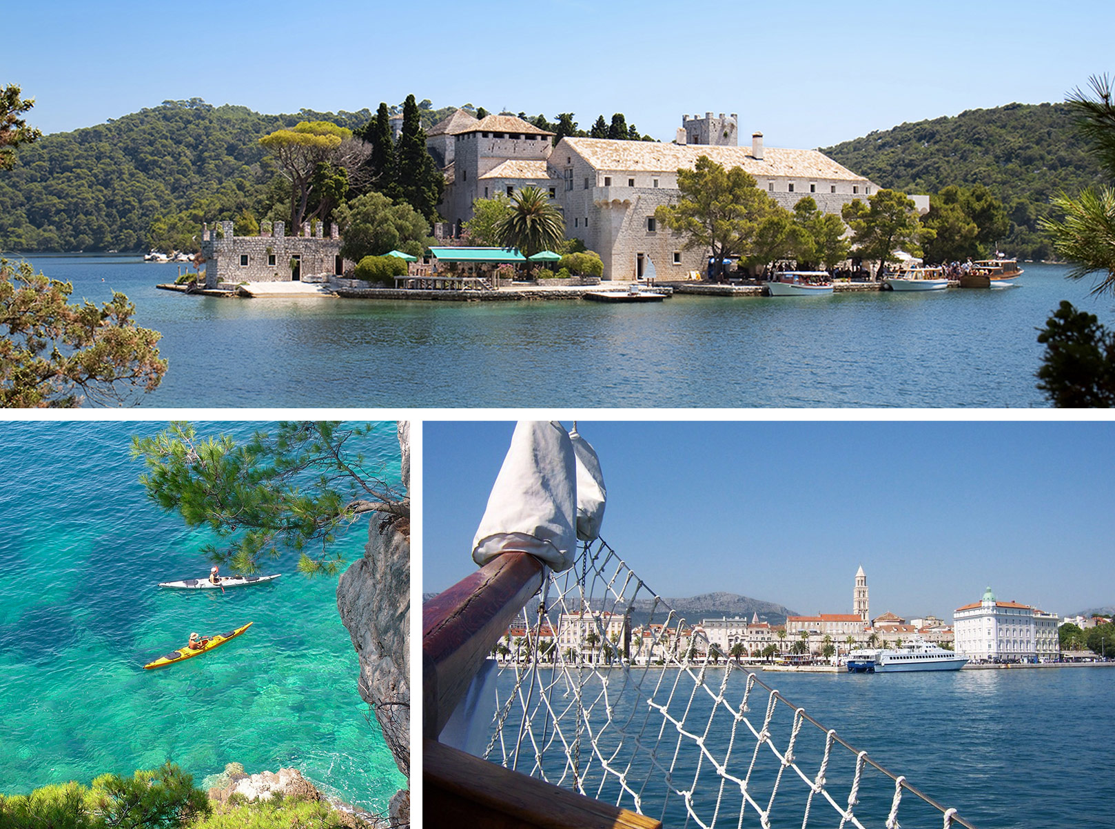 1) Monastère Sainte-Marie sur l'île de Mljet 2) Kayak autour des îles Élaphites 3) Croisière en goélette en Dalmatie et la ville 