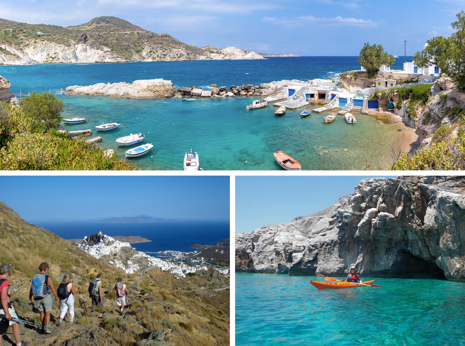 1) Le port de Mandrakia sur l'île de Milos dans les Cyclades 2) Randonnée à Sérifos dans les Cyclades 3) Kayak en Crète