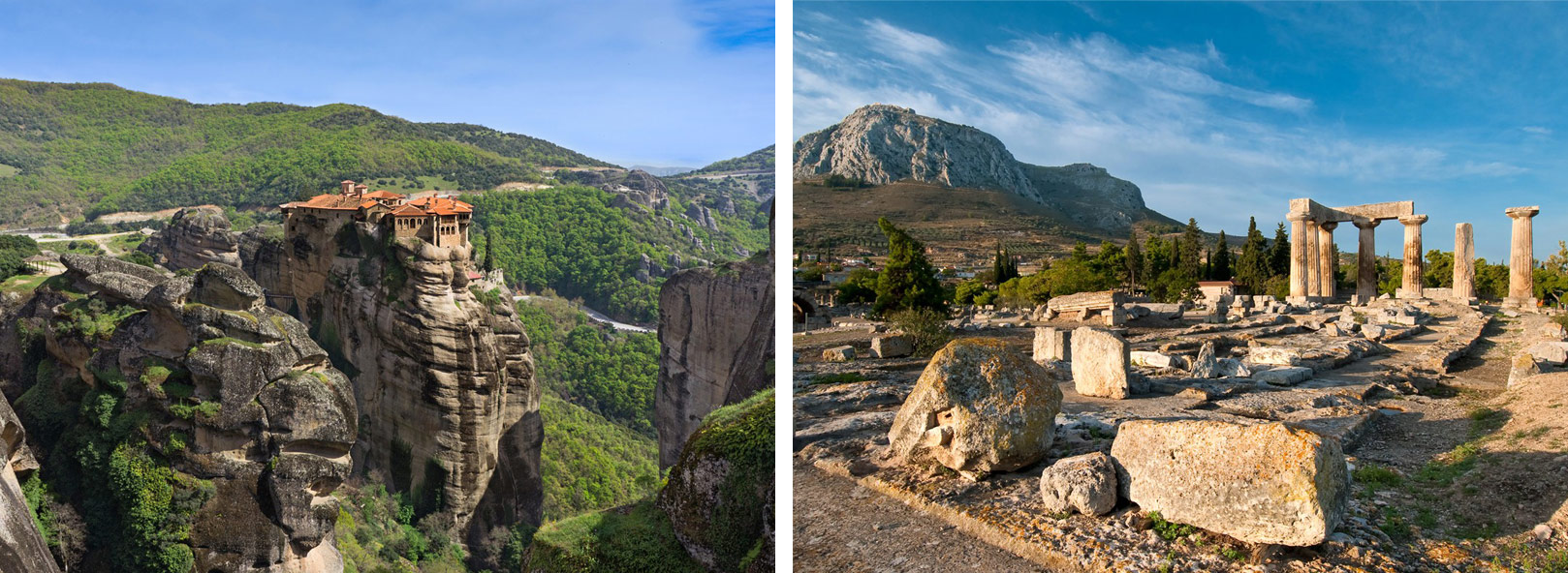 1) Monastère de Varlaam aux Météores et la vallée du Pénée2) Site de Corinthe dans le Péloponnèse 