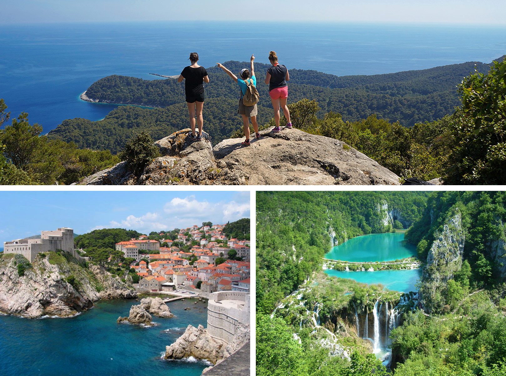 1) Randonnée dans le parc national de Mljet 2) Vue depuis les remparts de Dubrovnik en Dalmatie 3) Cascades dans le parc national des lacs de Plitvice