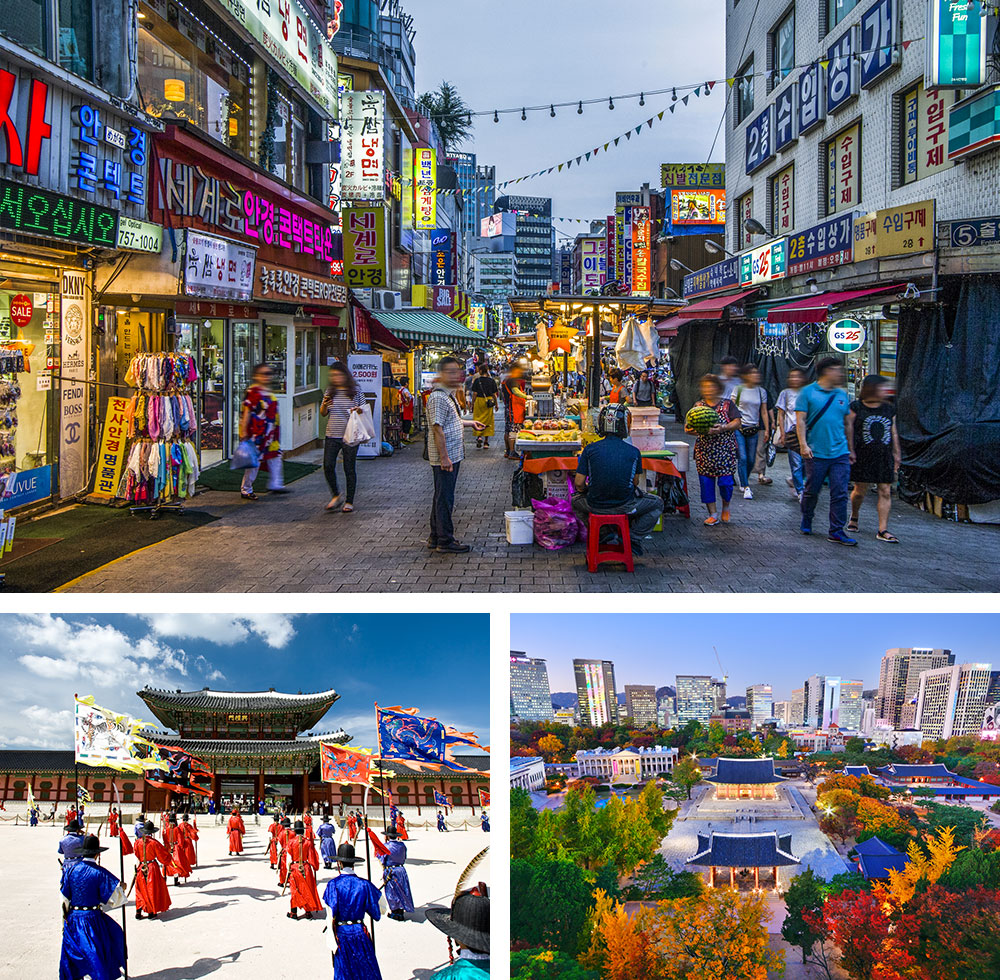 1/ Marché de Namdaemun le soir à Séoul  2/ Palais de Gyeongbokgung à Séoul 3/ Palais de Deoksugung en automne à Séoul