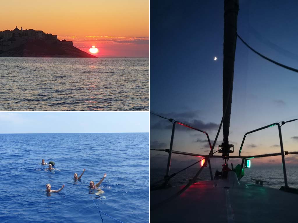 1) Coucher de soleil sur la citadelle de Calvi 2) Baignade en pleine mer 3) Quart de nuit en pleine mer