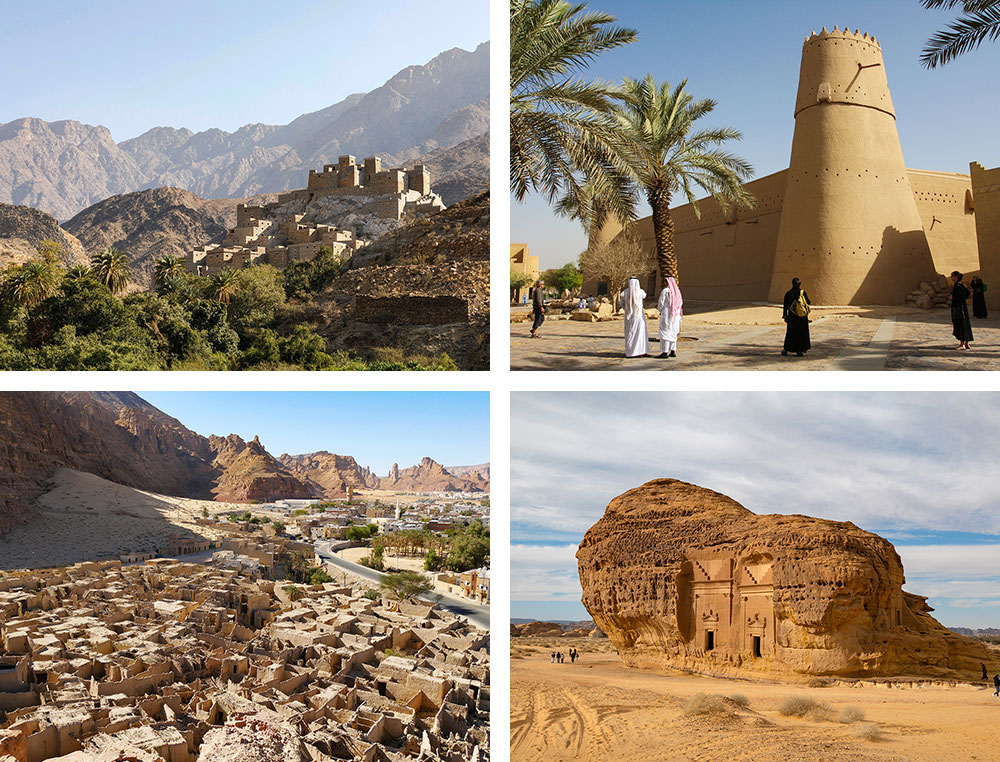 1) Village de Thee Ain - Al-Bahah2) Fort Masmak à Riyad3) Vieille ville d'Al-'Ula4) Tombe d’Hégra ou Madâin Sâlih 