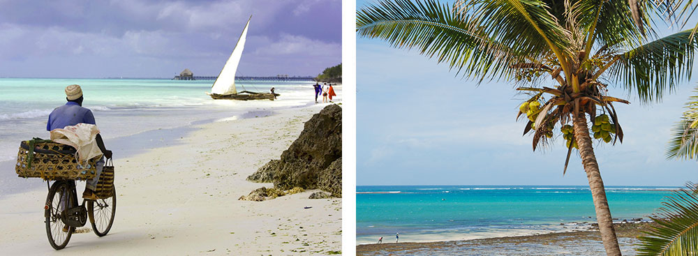 1) Homme à vélo sur une plage de Zanzibar - Tanzanie 2) Plage de Tiwi près de Diani - Kenya