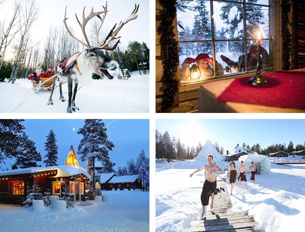1) Le Père Noël et ses rennes en Laponie 2) Enfants guettant le Père Noël3) Village du Père Noël à Rovaniemi 4) Sauna hivernal à Ruka Kuusamo