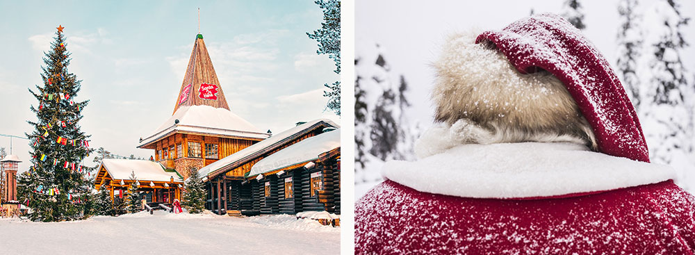 1) Bureau du Père Noël au village de Rovaniemi2) Père Noël de dos en Laponie