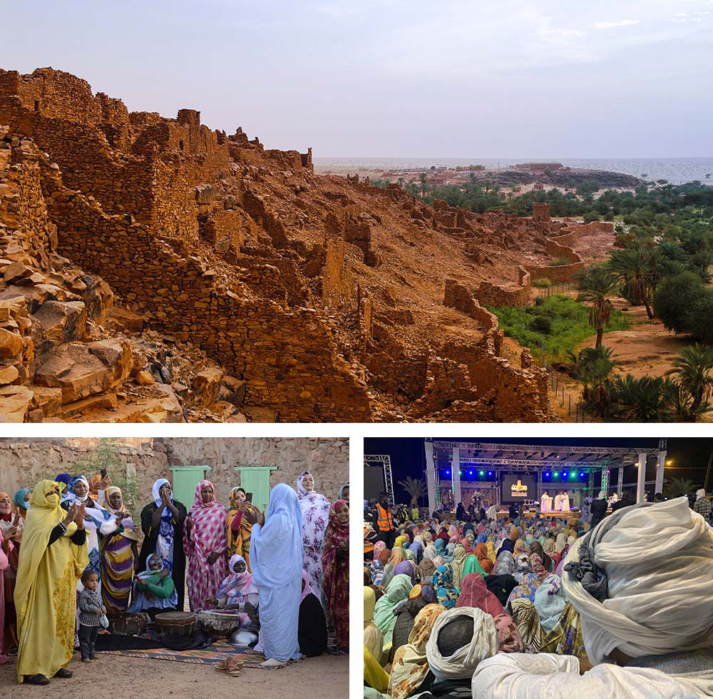 1) Ruines de la forteresse de Ouadâne - Région de l'Adrar2) Concert de femmes au festival des villes anciennes de Ouadâne en 2021 3) Spectacle au festival des villes anciennes de Ouadâne en 2021