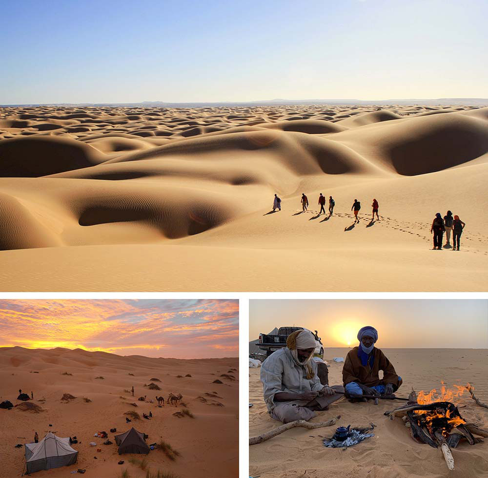 1) Randonnée dans les dunes de l'Amatlich2) Bivouac dans l'Erg Amatlich3) Coucher de soleil au coin du feu entre Ouadâne et Tanouchert