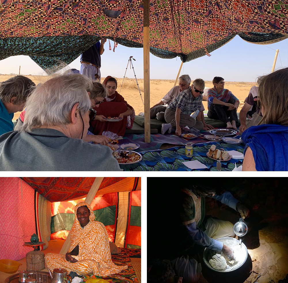 1) Pause déjeuner sous la tente dans le désert entre Ouadâne et Tanouchert2) La préparation du thé 3) Préparation du pain lors d’un bivouac dans l'Erg Amatlich