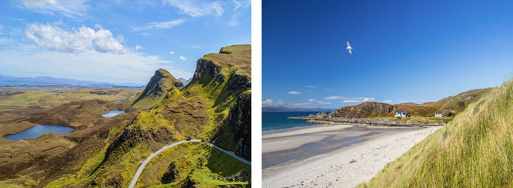 1. Paysage du Quiraing sur l’île de Skye en Écosse2. Plage d'Arisaig dans les Highlands en Écosse