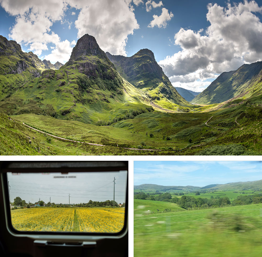 1. Vallée de Glencoe dans les Highlands en Écosse2. Voyage en train dans la région de Florence en Italie3. Paysage traversé en train entre Londres et Glasgow