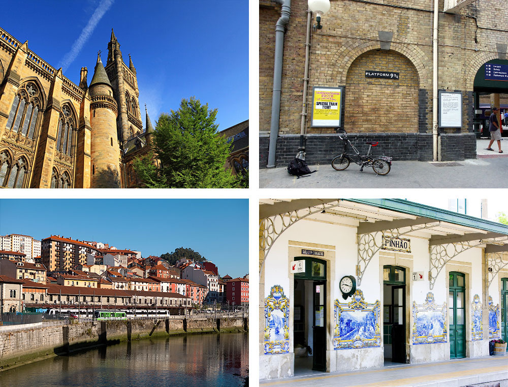 1. Ville de Glasgow en Écosse 2. La voie 9 ¾ à la gare de King's Cross à Londres en Angleterre3. Bilbao en Espagne4. Azulejos à la gare de Pinhão au Portugal 